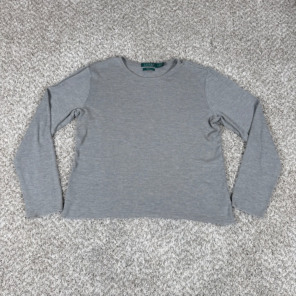 Lauren Ralph Lauren Top Womens XL Grey Silk Blend Ribbed Long Sleeve Premium